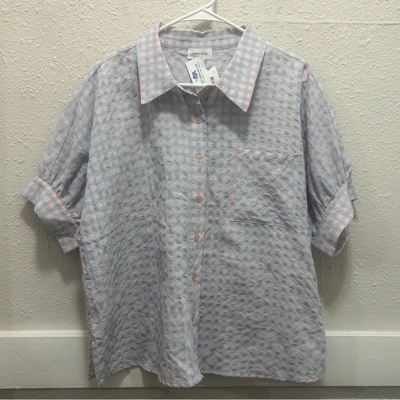 AnnieWear Grace Gingham Button Down Top in Sky Blue & Pink NEW M - Picture 1 of 6